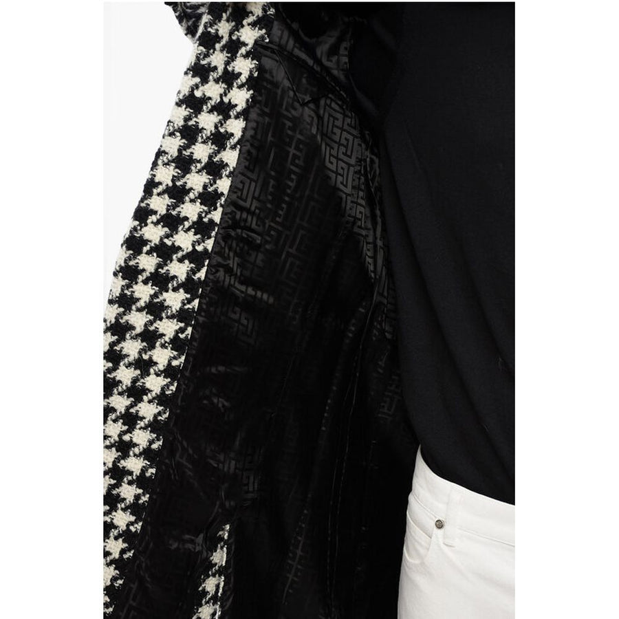 Balmain Houndstooth Patterned Tweed Coat with Velour Buttons