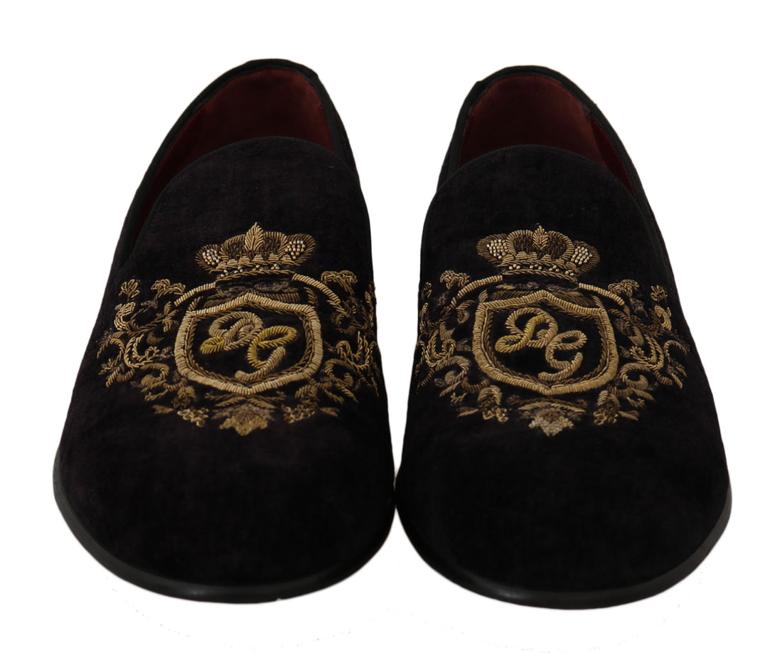 Dolce & Gabbana Elegant Black Loafers with Gold Crown Embroidery