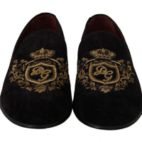 Dolce & Gabbana Elegant Black Loafers with Gold Crown Embroidery