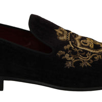 Dolce & Gabbana Elegant Black Loafers with Gold Crown Embroidery