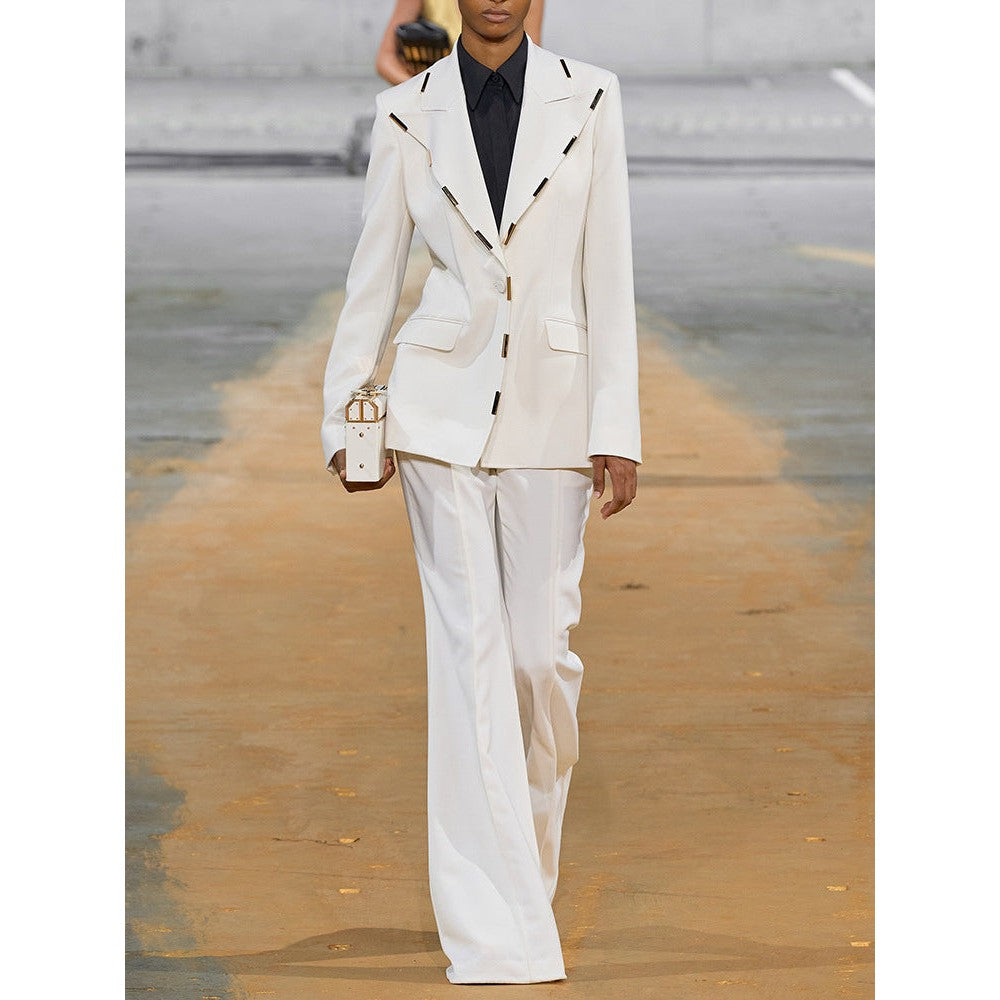 Women&#39;s Metal Decoration Blazer and Flare Pants Suit