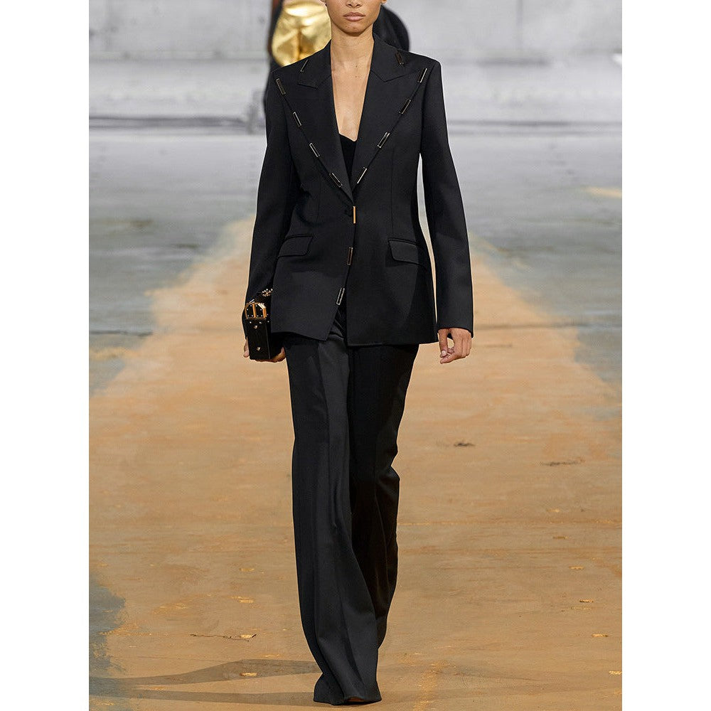 Women&#39;s Metal Decoration Blazer and Flare Pants Suit