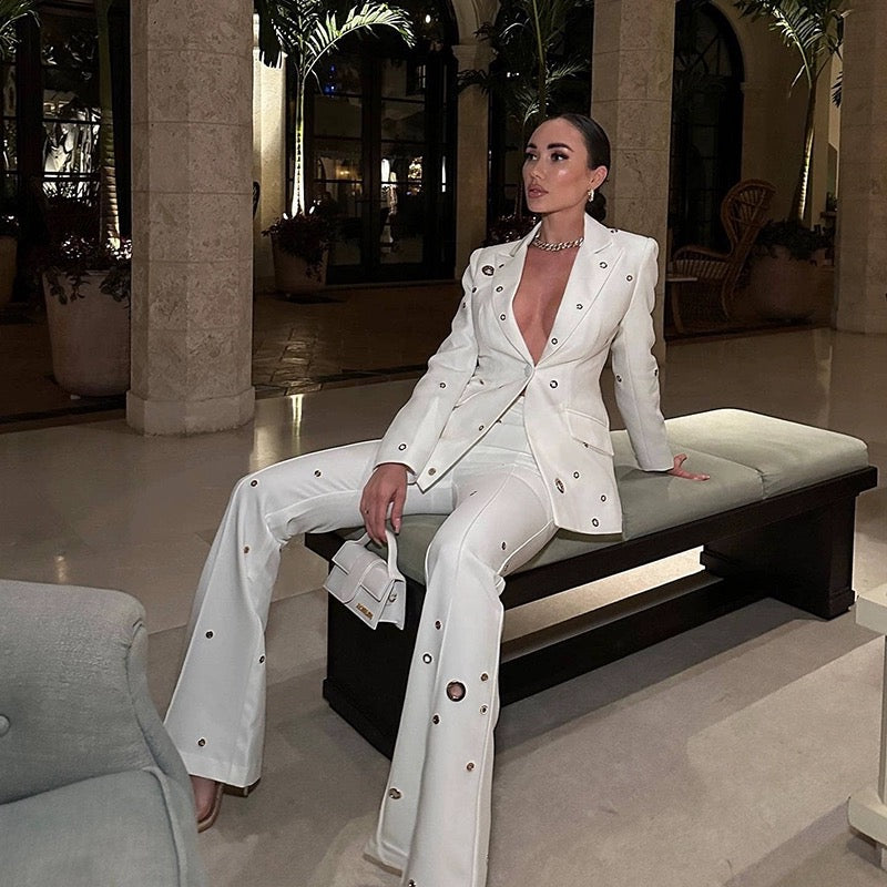 Designer Fashion Women's White Pantsuit - Hollow Rivet Eyelet Blazer and Flare Pants Set