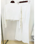 Round Neck Beaded Short Jacket Pants Set 2023 New Fashion Jacket Split Bell Bottoms Set White Business Wear Flare Pants Suits