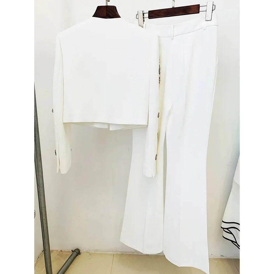 Round Neck Beaded Short Jacket Pants Set 2023 New Fashion Jacket Split Bell Bottoms Set White Business Wear Flare Pants Suits