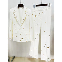 Designer Fashion Women's White Pantsuit - Hollow Rivet Eyelet Blazer and Flare Pants Set