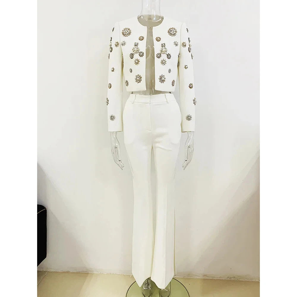 Round Neck Beaded Short Jacket Pants Set 2023 New Fashion Jacket Split Bell Bottoms Set White Business Wear Flare Pants Suits