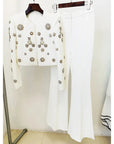 Round Neck Beaded Short Jacket Pants Set 2023 New Fashion Jacket Split Bell Bottoms Set White Business Wear Flare Pants Suits