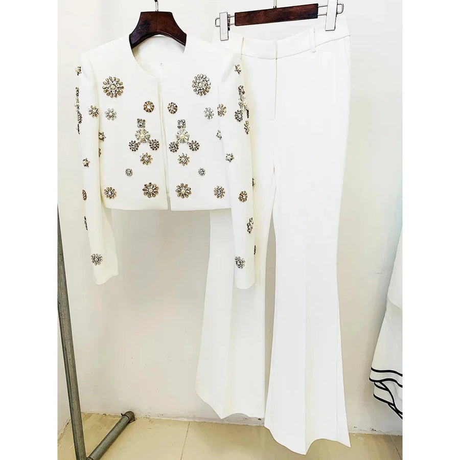 Round Neck Beaded Short Jacket Pants Set 2023 New Fashion Jacket Split Bell Bottoms Set White Business Wear Flare Pants Suits