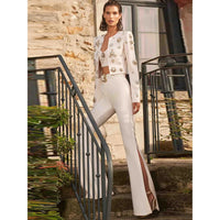 Round Neck Beaded Short Jacket Pants Set 2023 New Fashion Jacket Split Bell Bottoms Set White Business Wear Flare Pants Suits