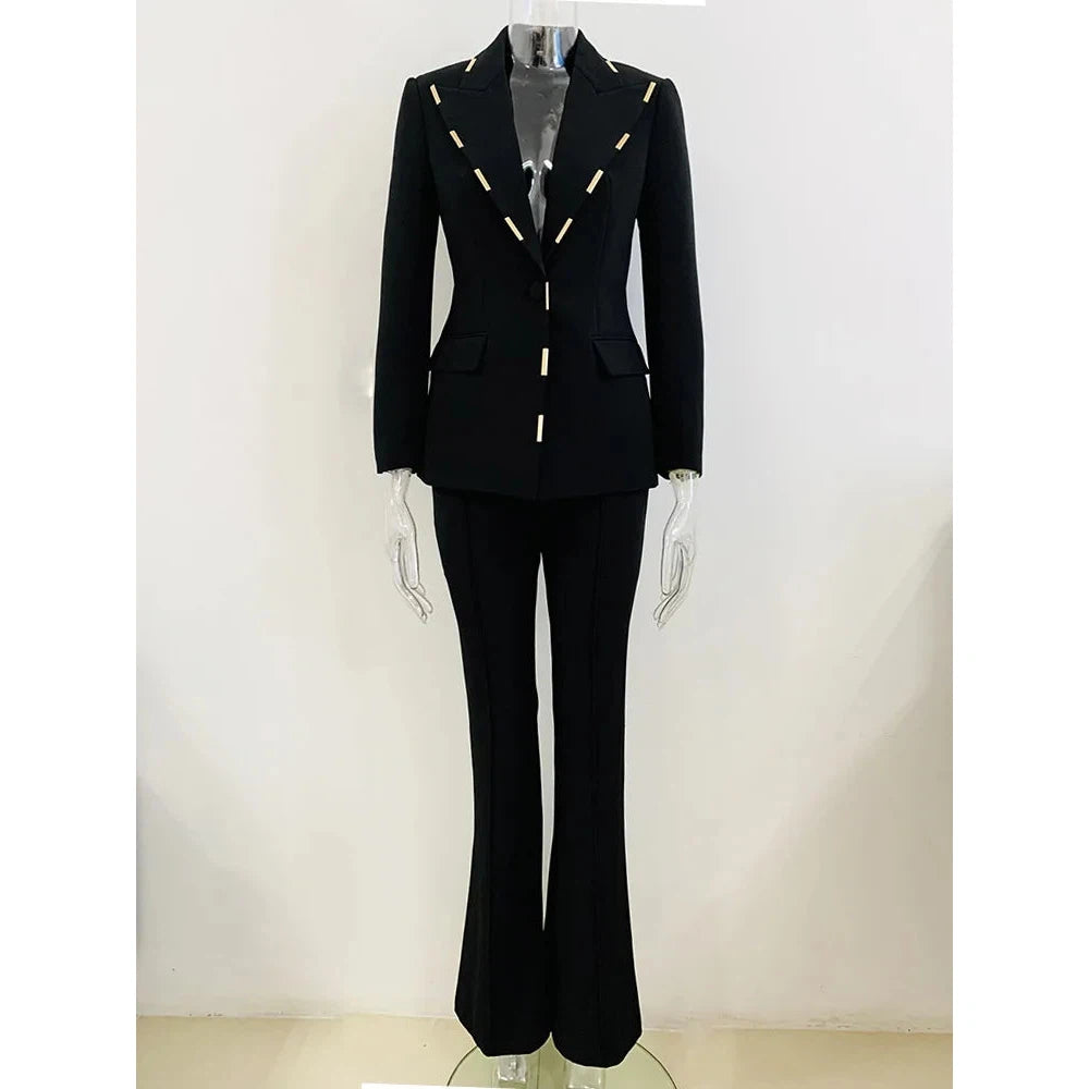 Women's Metal Decoration Blazer and Flare Pants Suit