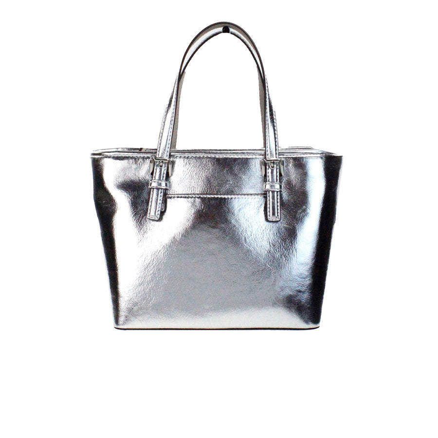 Michael Kors Jet Set Silver Metallic XS Carryall Top Zip Tote Bag Purs Paris Deluxe