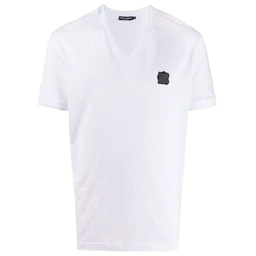 Dolce & Gabbana V-Neck Cotton Logo Tee in Pristine White