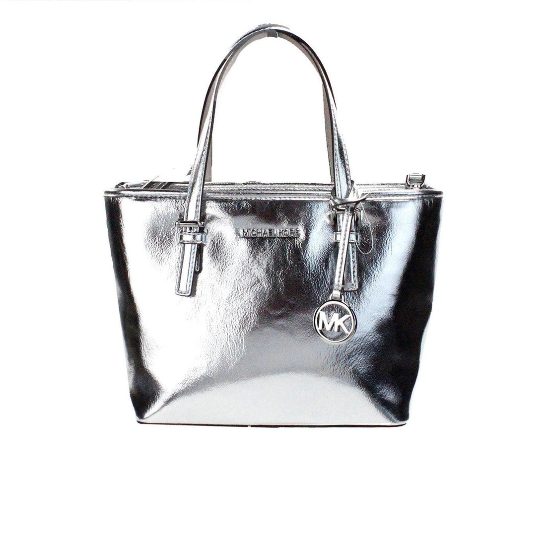 Michael Kors Jet Set Silver Metallic XS Carryall Top Zip Tote Bag Purs Paris Deluxe