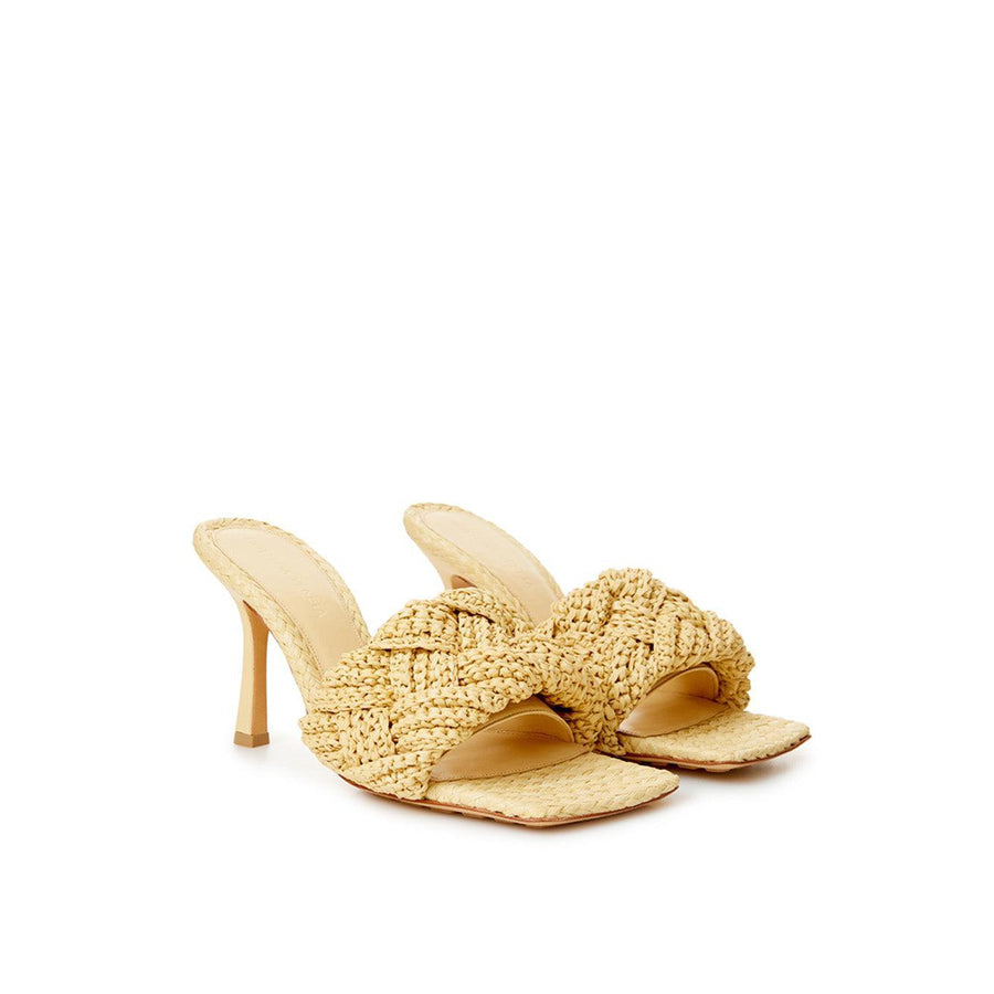 Bottega Veneta Elegant Beige Raffia Heeled Sandal Mules