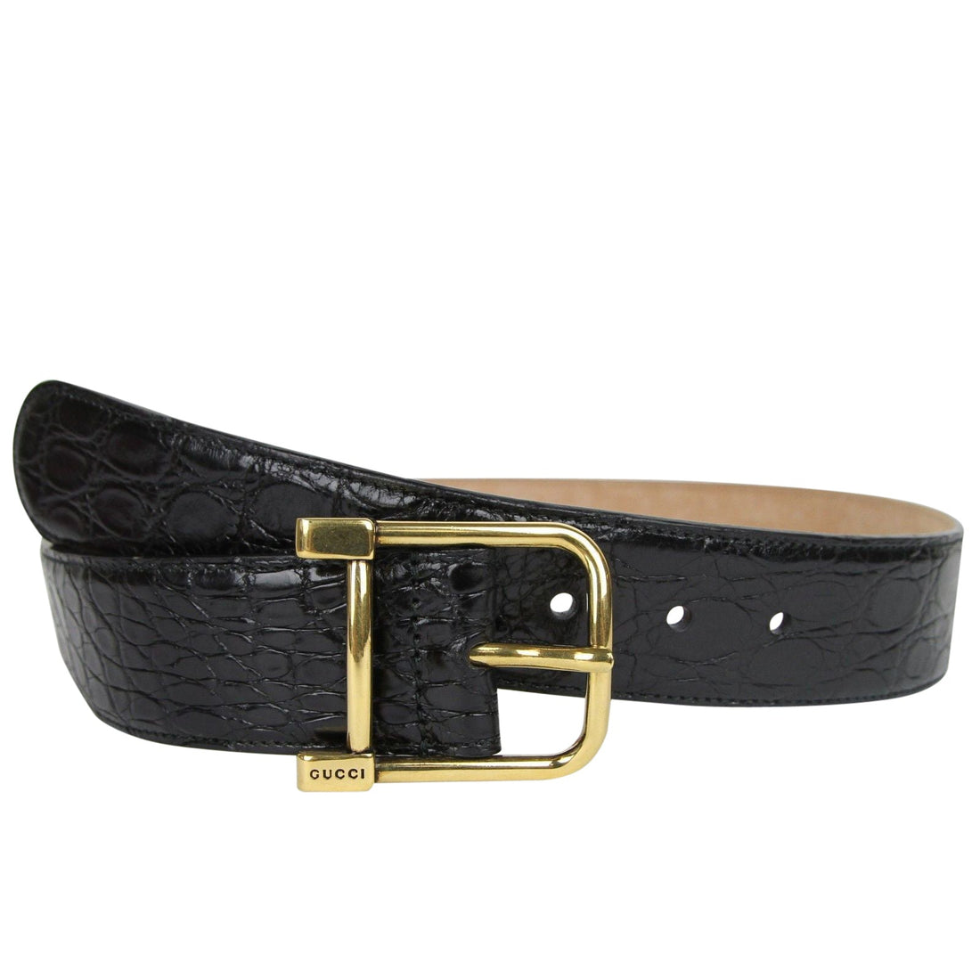 Gucci Gucci Women's Gold Square Buckle Black Crocodile Belt