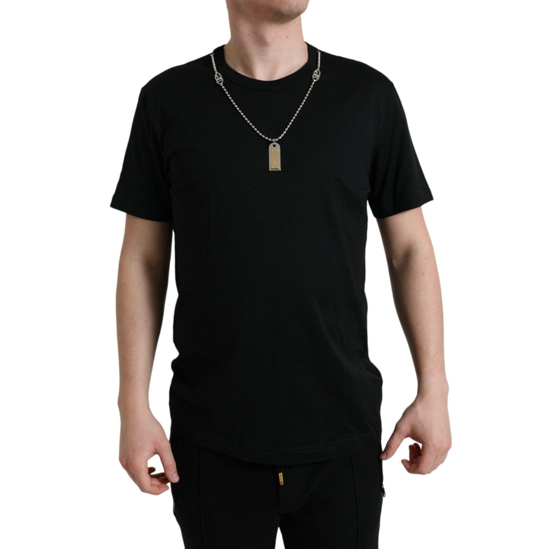 Dolce & Gabbana Black Cotton Dog Tag Round Neck T-shirt