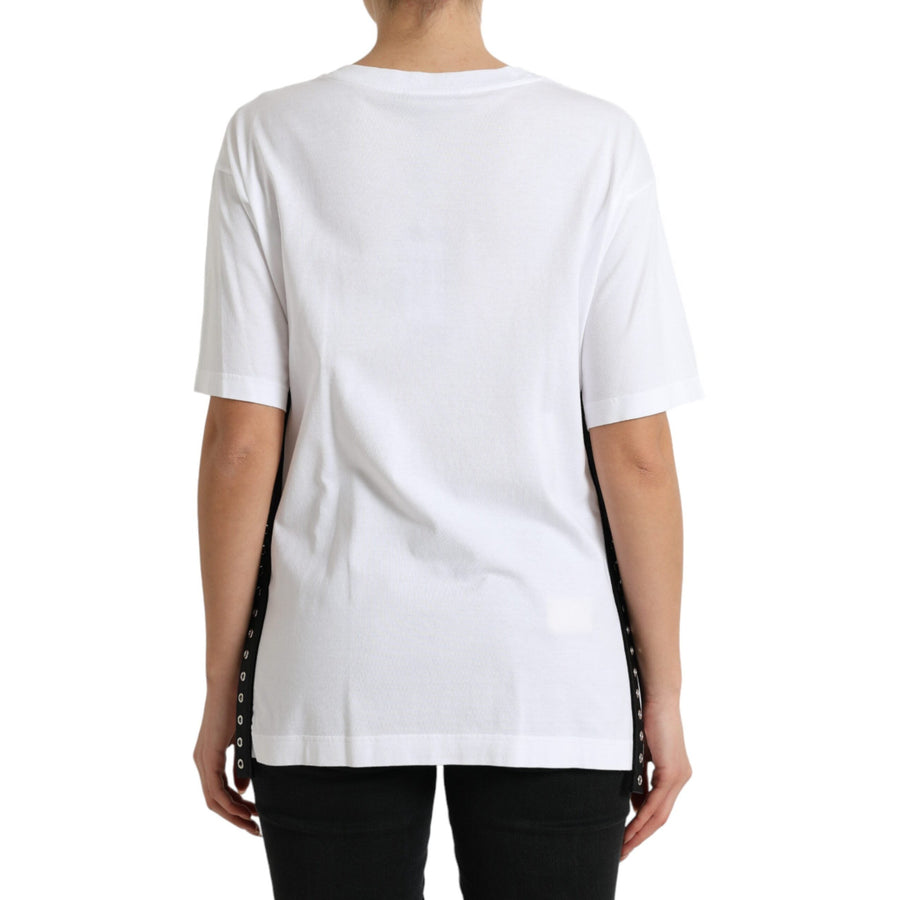 Dolce & Gabbana White Slogan Print Lacing Detailed T-shirt