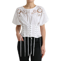 Dolce & Gabbana White Cotton Floral Cut Out Blouse Top