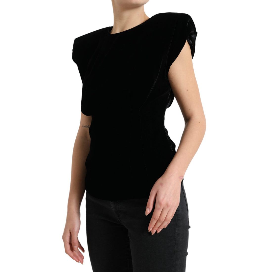 Dolce & Gabbana Black Velvet Fitted Padded Shoulder Blouse Top