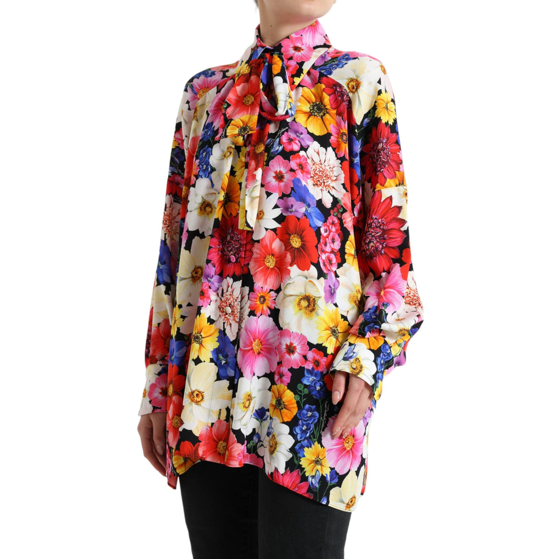 Dolce & Gabbana Multicolor Floral Ascot Collared Blouse Top