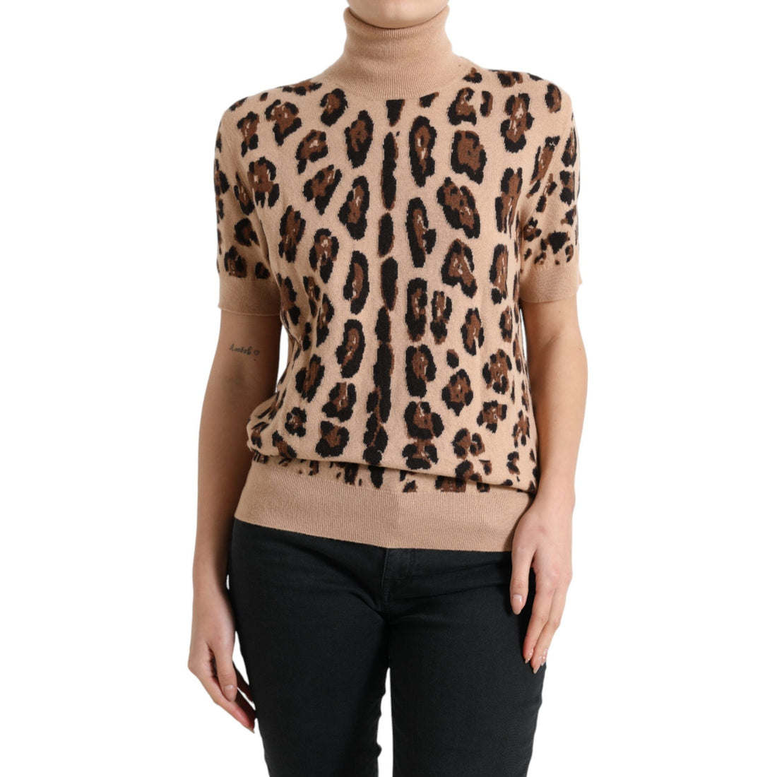 Dolce & Gabbana Beige Leopard Print Wool Turtleneck Top