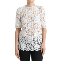 Dolce & Gabbana White Floral Lace Cotton Round Neck Blouse Top