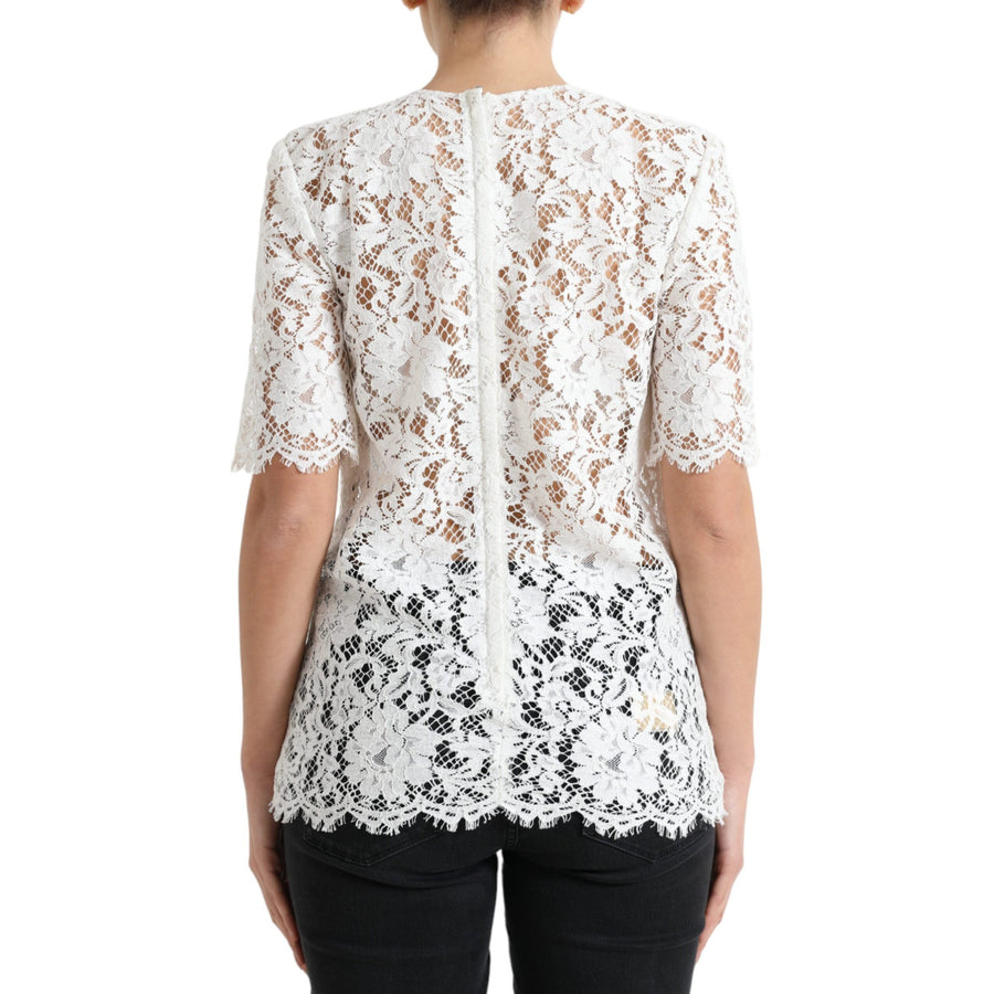 Dolce & Gabbana White Floral Lace Cotton Round Neck Blouse Top