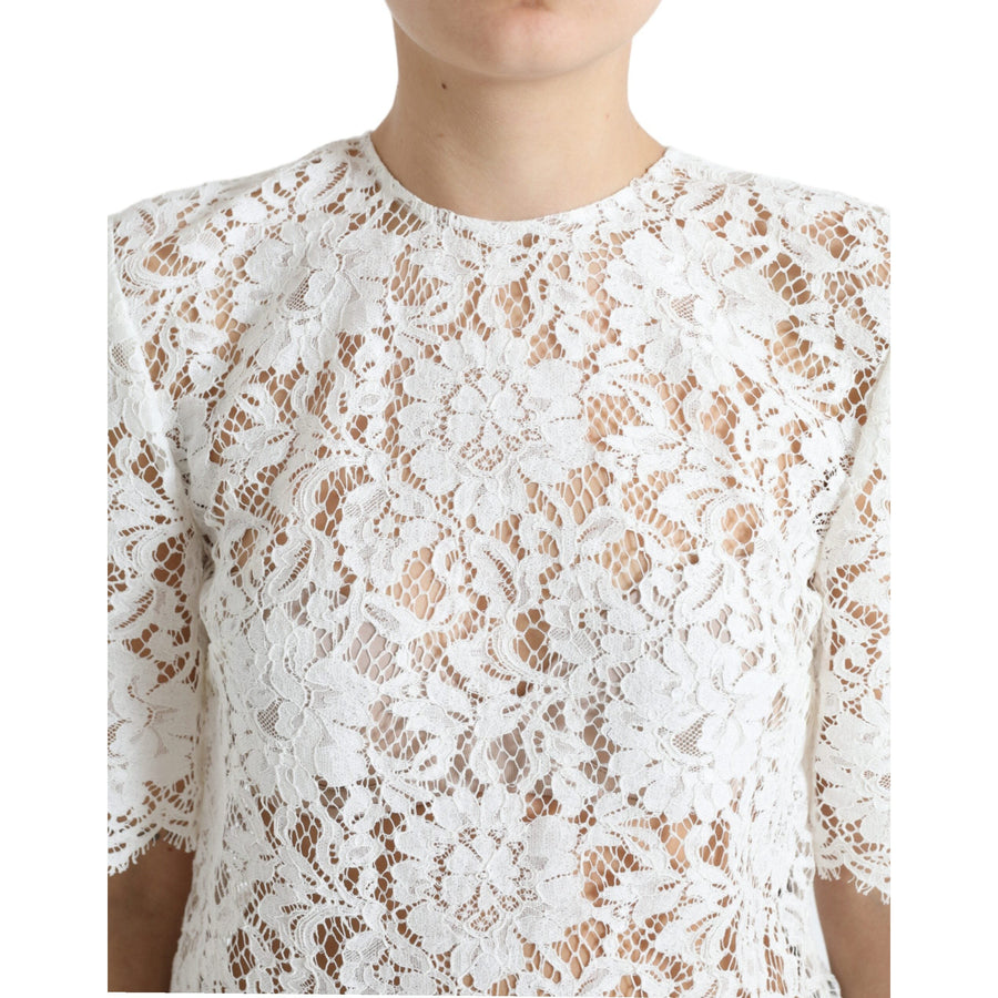 Dolce & Gabbana White Floral Lace Cotton Round Neck Blouse Top