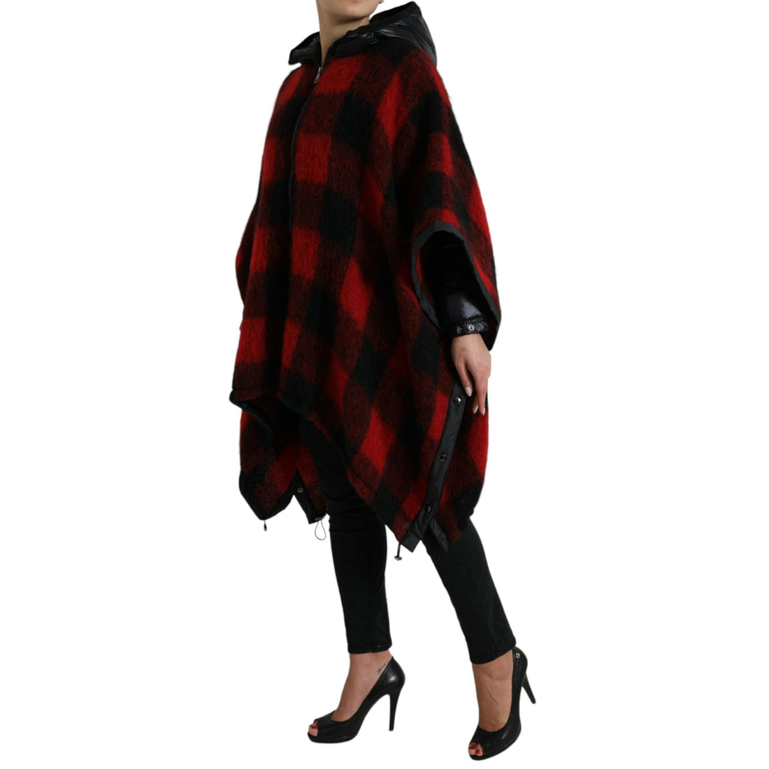 Dolce & Gabbana Black Red Buffalo Check Hooded Poncho Jacket