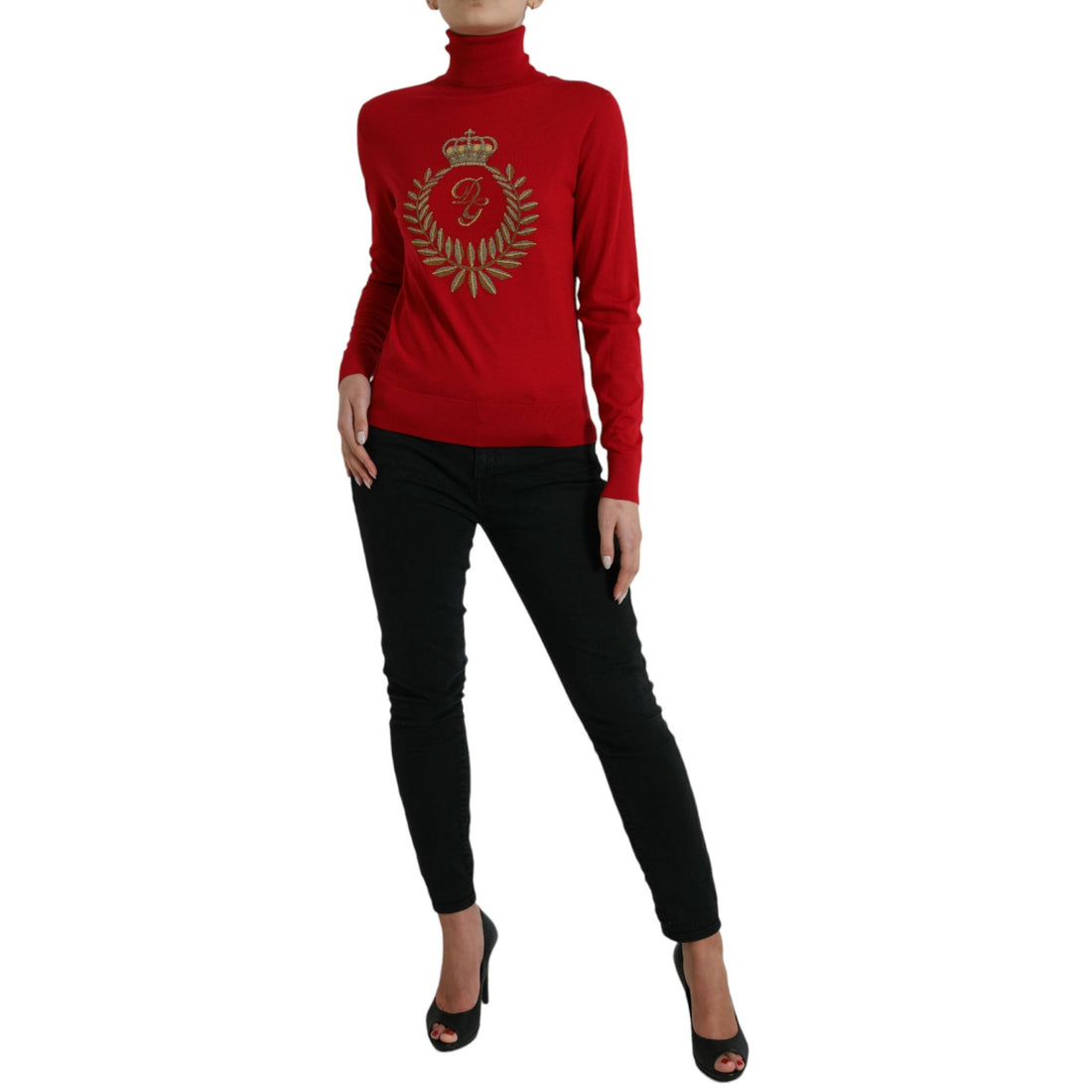 Dolce & Gabbana Red Intarsia Wool Turtleneck Pullover Sweater