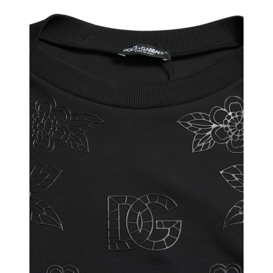 Dolce & Gabbana Black Pullover Floral Logo Applique Sweater