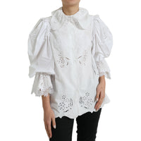 Dolce & Gabbana White Cotton Lace Trim Collared Blouse Top