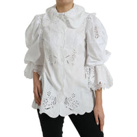 Dolce & Gabbana White Cotton Lace Trim Collared Blouse Top