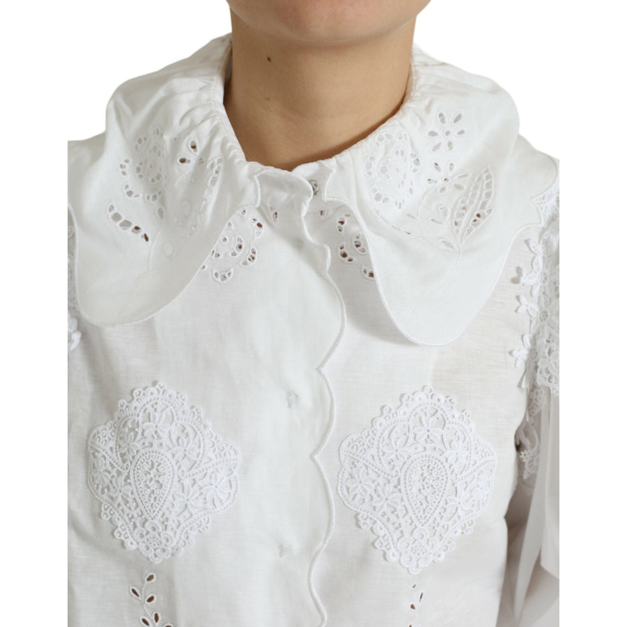 Dolce & Gabbana White Cotton Lace Trim Collared Blouse Top