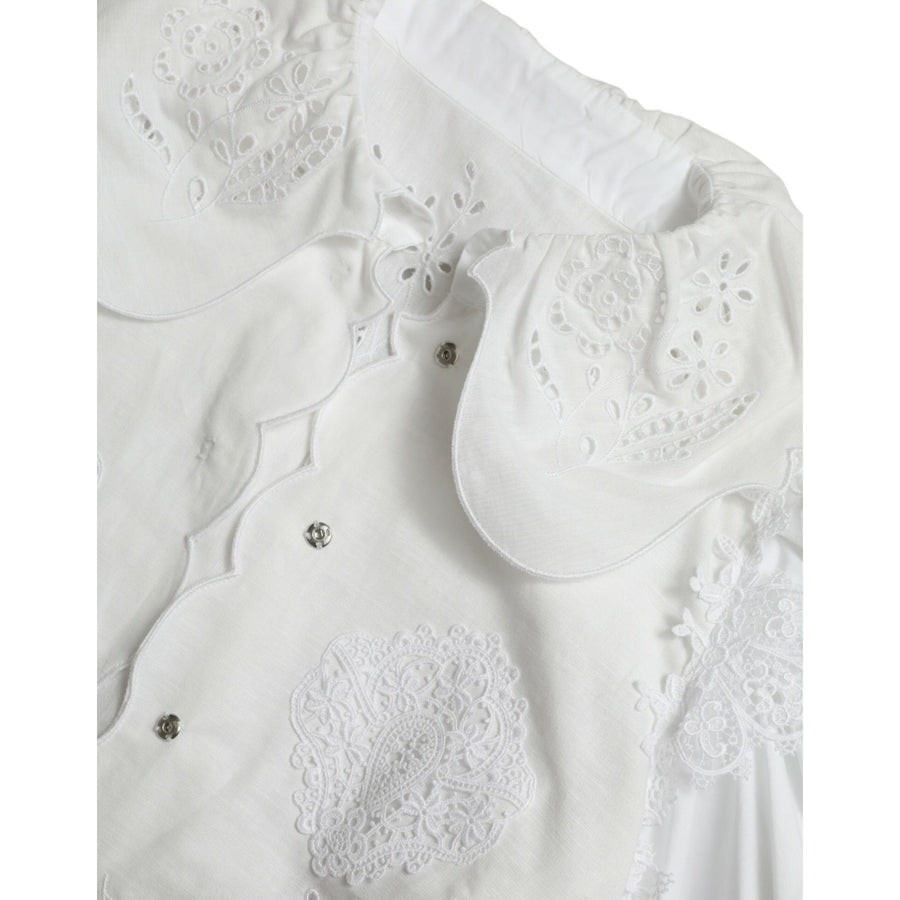 Dolce & Gabbana White Cotton Lace Trim Collared Blouse Top