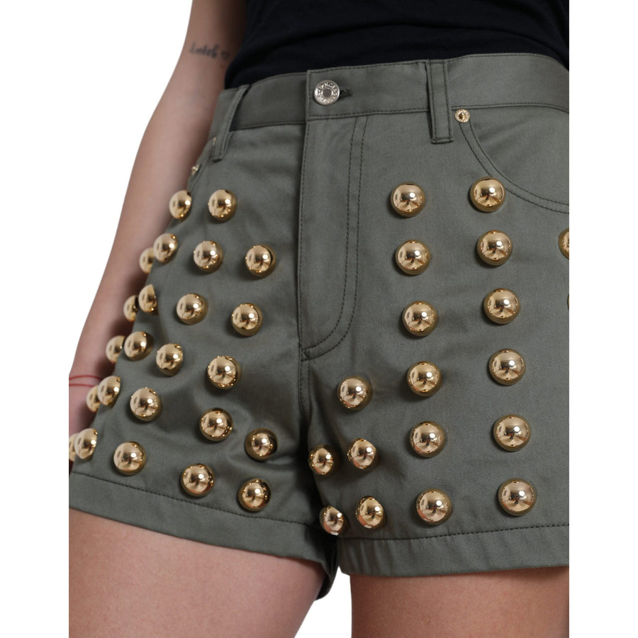 Dolce & Gabbana Green Embellished Cotton High Waist Hot Pants Shorts