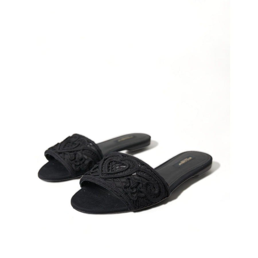 Dolce & Gabbana Elegant Black Heart Embroidery Slide Sandals