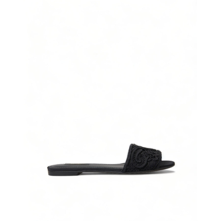 Dolce & Gabbana Elegant Black Heart Embroidery Slide Sandals