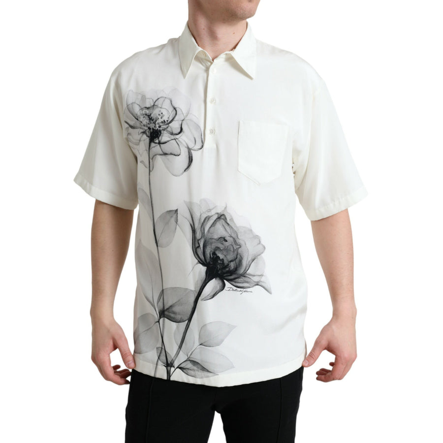 Dolce & Gabbana Off White Floral Print Collared Polo T-shirt