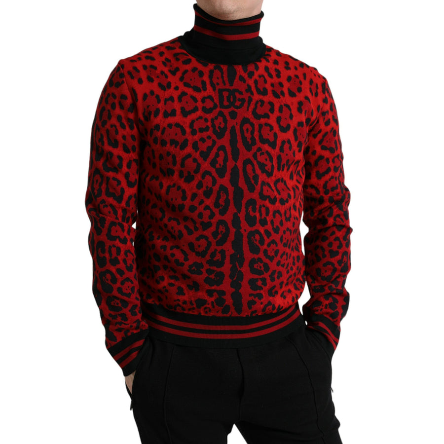 Dolce & Gabbana Red Leopard Print Turtleneck Pullover Sweater