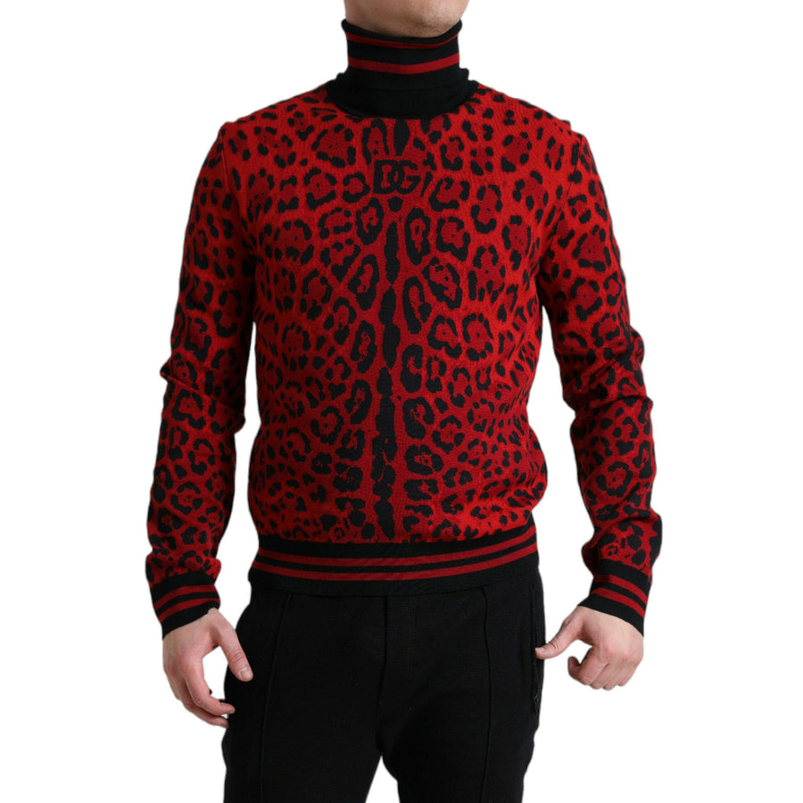 Dolce & Gabbana Red Leopard Print Turtleneck Pullover Sweater