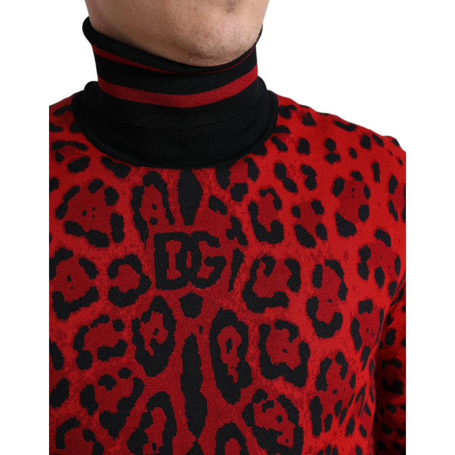 Dolce & Gabbana Red Leopard Print Turtleneck Pullover Sweater