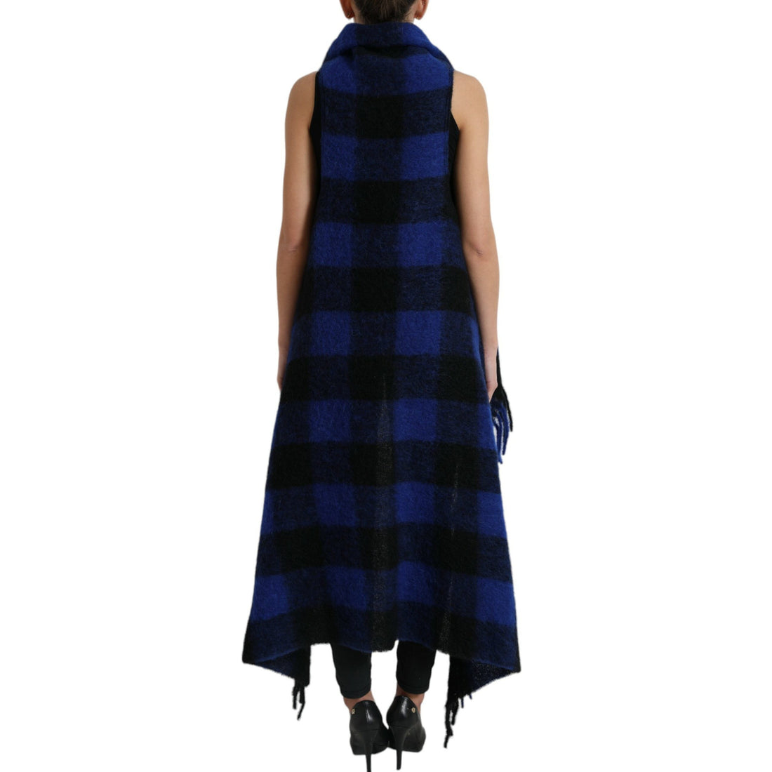 Dolce & Gabbana Black Blue Buffalo Check Poncho Coat Sweater