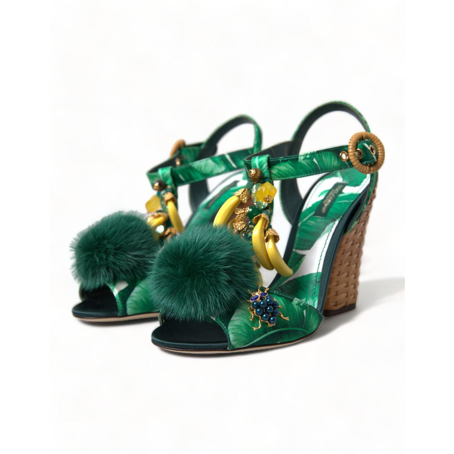 Dolce & Gabbana Green Crystal Mink Fur T-Strap Sandals