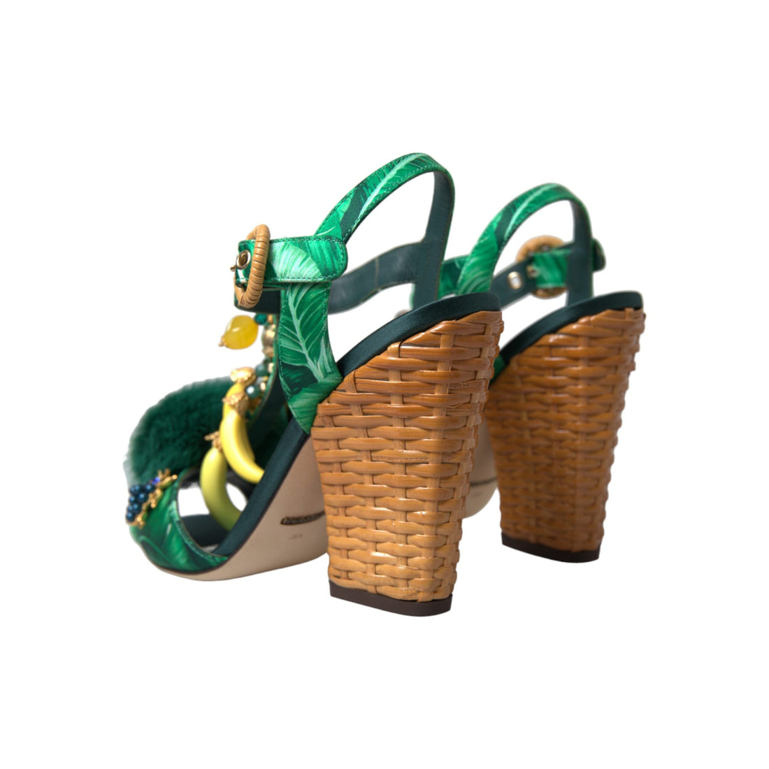 Dolce & Gabbana Green Crystal Mink Fur T-Strap Sandals