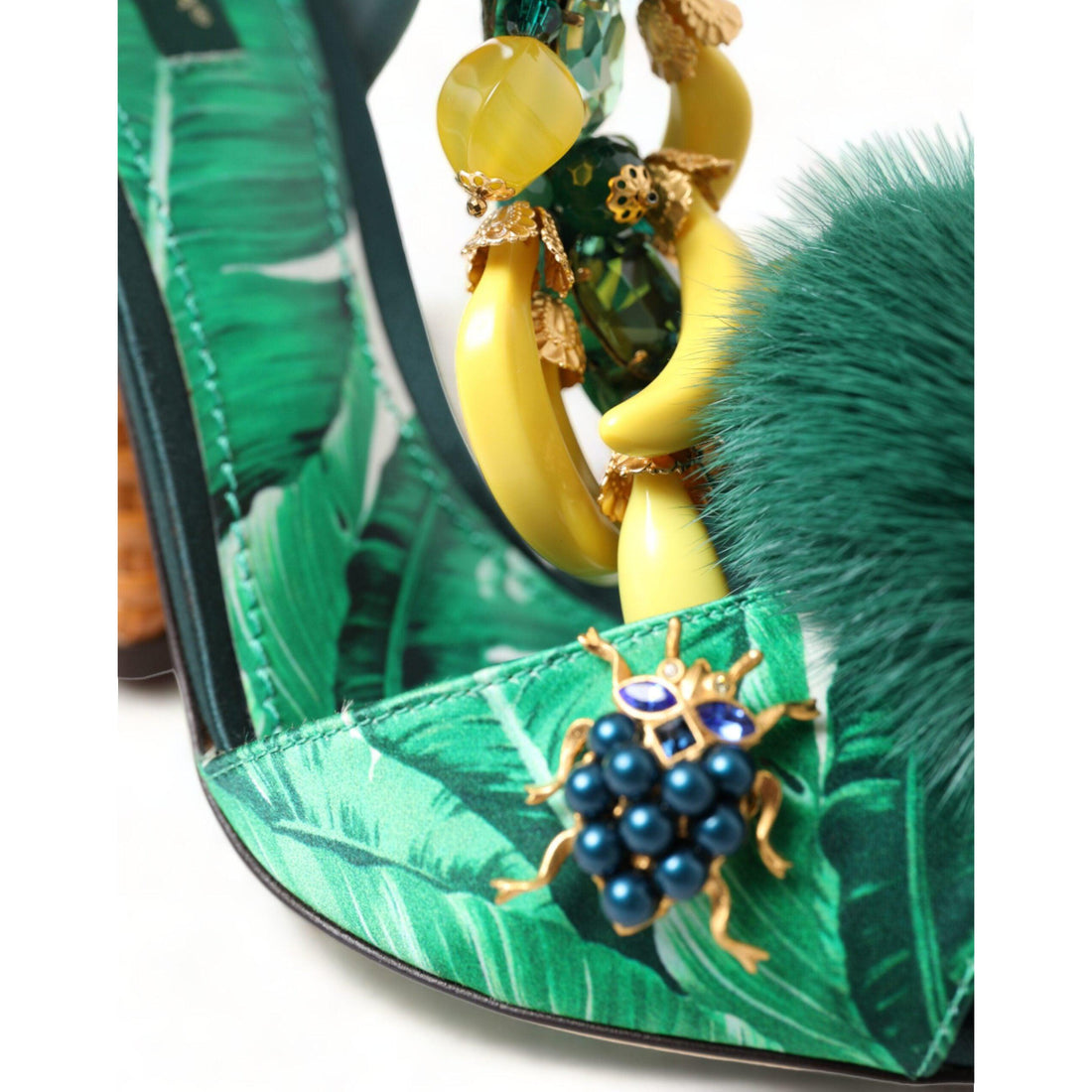 Dolce & Gabbana Green Crystal Mink Fur T-Strap Sandals