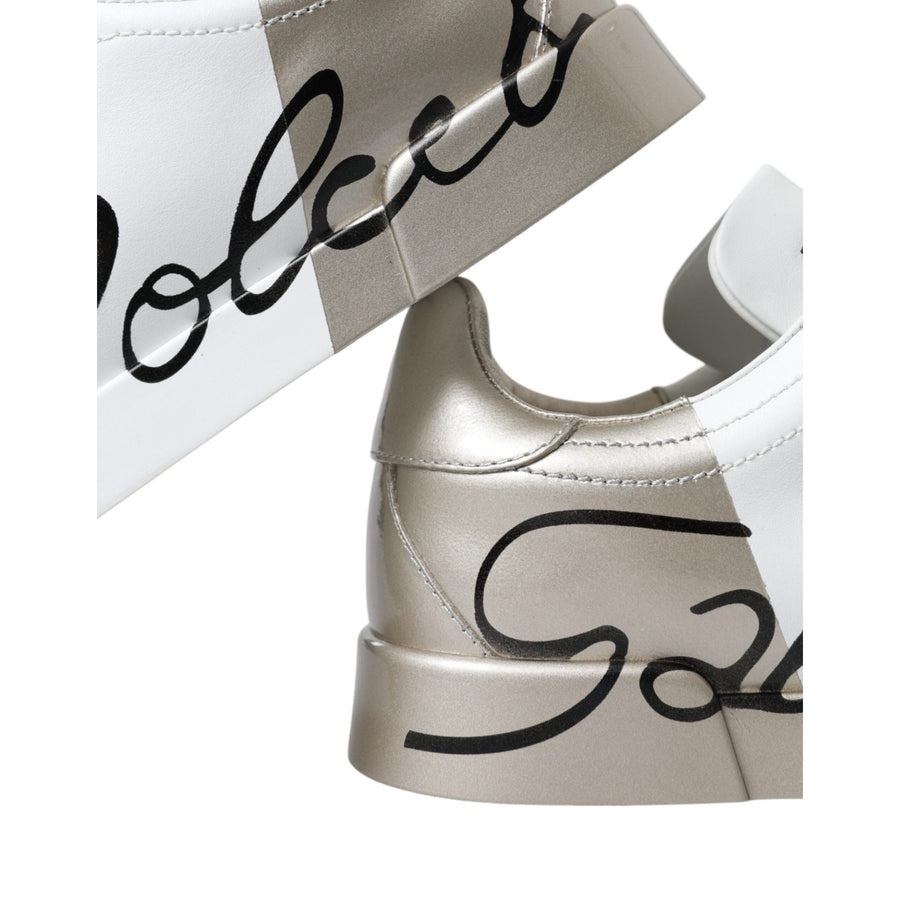 Dolce & Gabbana Elegant White & Gold Leather Sneakers