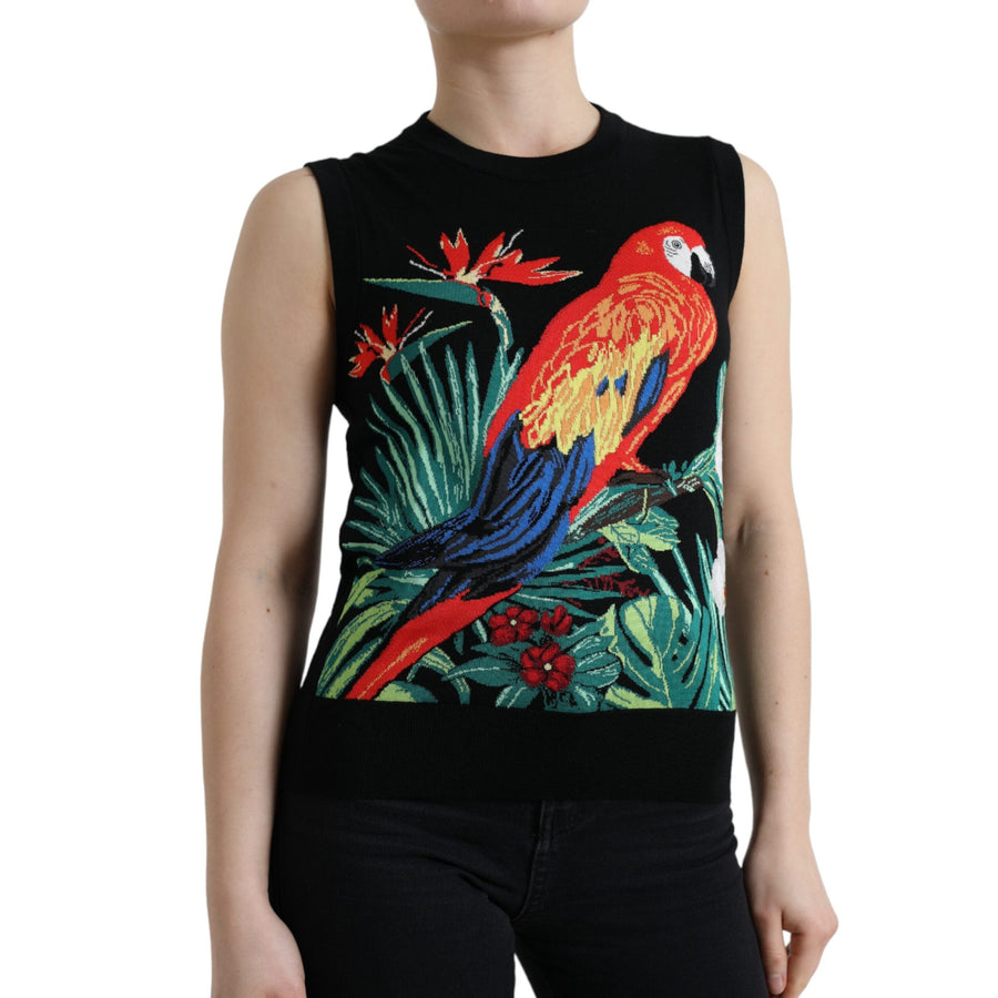 Dolce & Gabbana Elegant Crew Neck Wool Silk Tank with Bird Embroidery