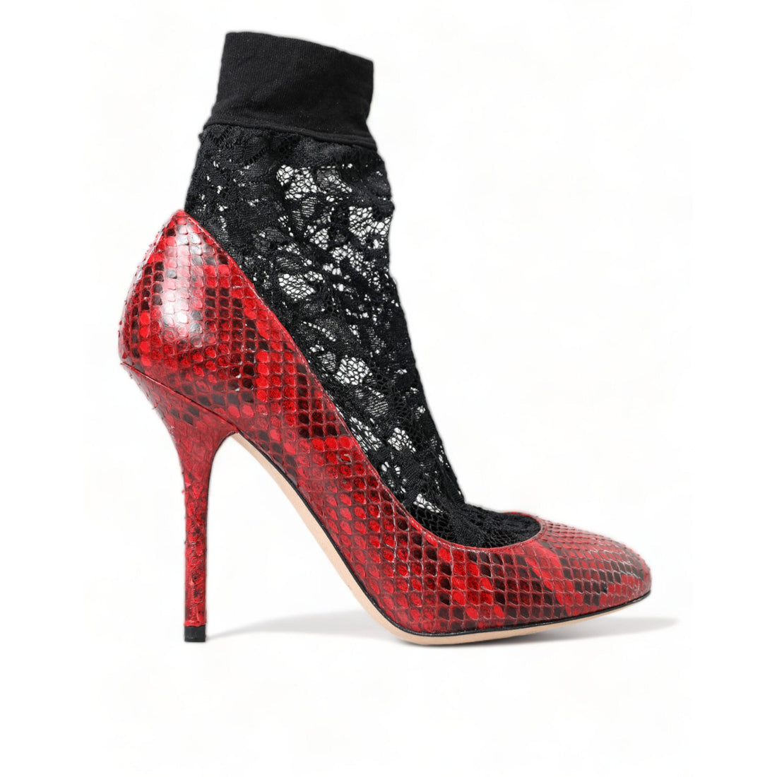 Dolce & Gabbana Red Almond Toe Snakeskin Pumps with Lace Socks